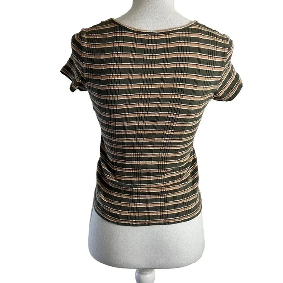 American Eagle Top XS Striped Button Accents Orange Green Knit Short Sleeves Top - Picture 3 of 4